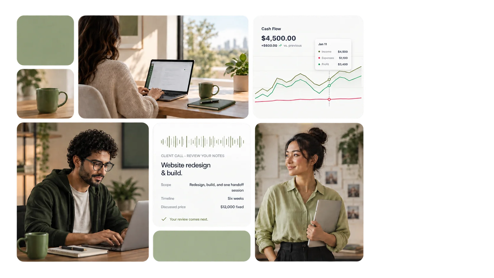 A collage of independent professionals at work, a client meeting summary, and a cash flow chart.
