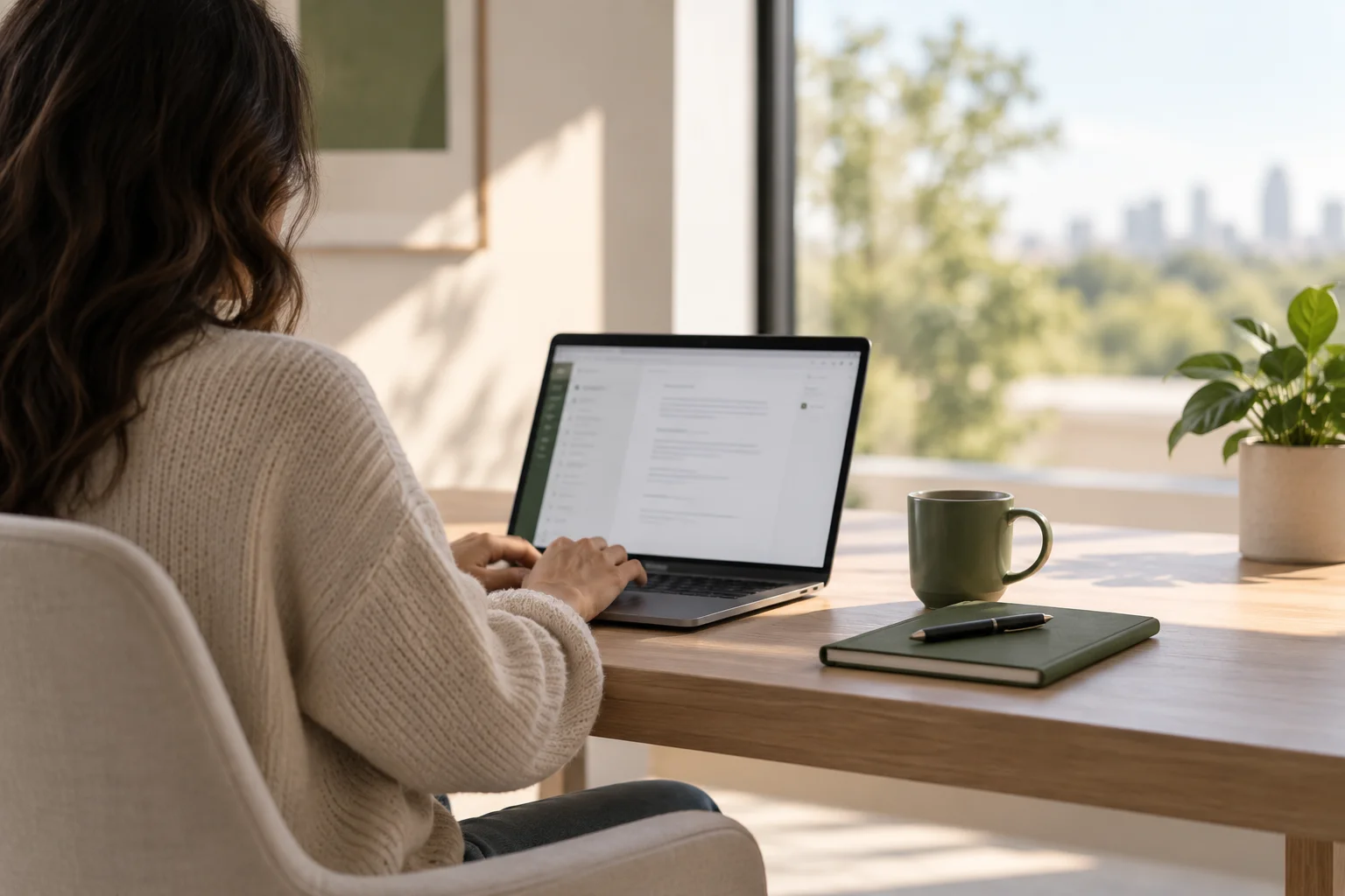 An independent professional working on a laptop at a sunlit desk, with a green coffee mug and notebook.